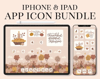 May include: An iPhone and iPad app icon bundle featuring a pumpkin spice theme with warm autumn colors. The digital display shows custom icons, widgets, and a wallpaper with pumpkins, trees, and a house. Text includes "IPHONE & IPAD APP ICON BUNDLE" and "PUMPKIN SPICE".