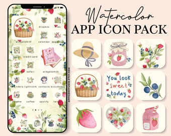 Watercolor App Icons Strawberry iPhone Icons Cute iOS 14 Theme Flower Aesthetic iOS Icon, iOS App Cover, Highlight Icons Watercolor, 230122