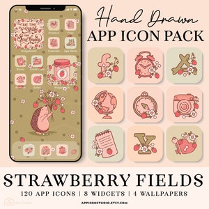 Icônes d'application Strawberry, icônes Cottagecore iOS 14, icônes été iPhone, coques d'application vintage, icônes Highlight, lot d'icônes d'application Android, 210409