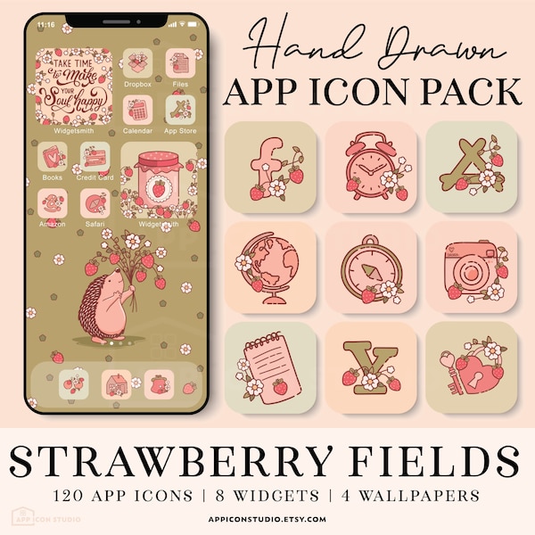 Strawberry App Icons, Cottagecore iOS 14 Icons, Summer iPhone Icons, Vintage App Covers, Highlight Icons, Android App Icon Bundle, 210409