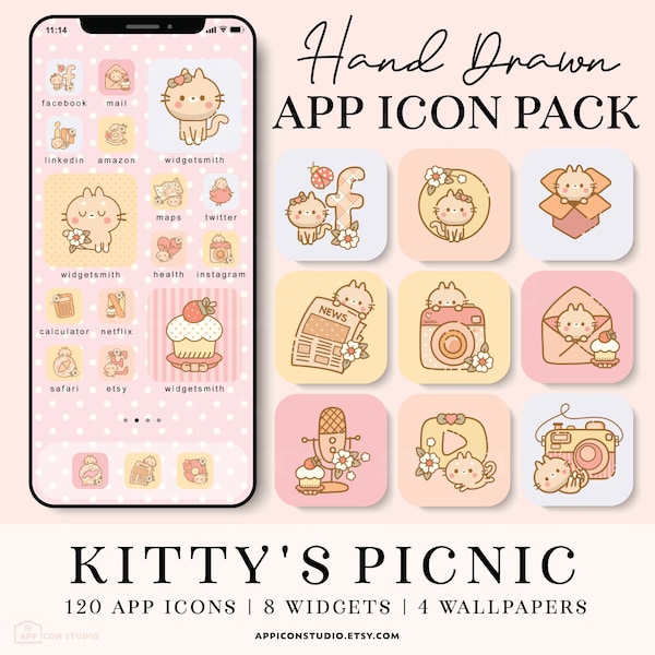 Kawaii Aesthetic iPhone Icon Set with Widgets and Wallpapers Cute Kitty App Icons in Pastel Shades Cat Kawaii Theme for iOS Android, 210603