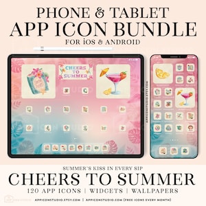 Summer iPhone Icon Bundle iPad iPhone Wallpaper Aesthetic Pink Widgets Blue Backgrounds for iOS and Android Tablet App Icon Pack, 240507b