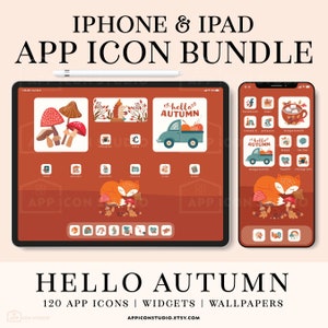 May include: A set of 120 autumn-themed app icons for iPhone and iPad. The icons feature illustrations of mushrooms, a fox, a truck with pumpkins, and the text "hello autumn".