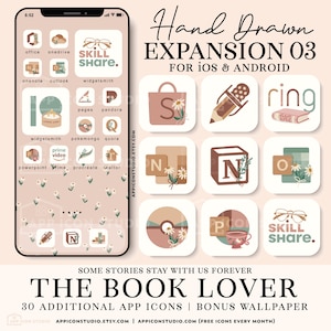 May include: A set of 30 hand-drawn app icons for iOS and Android. The icons are in a pastel color palette with floral accents and feature a book lover theme. The icons include apps like "Prime Video", "Pandora", "Pages", "Procreate", "Quora", "Realtor", "Ring", "Skill Share", "Time", "Widgetsmith", and "Onenote".