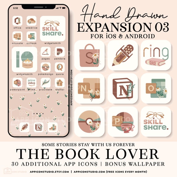 Book App Icon Expansion Pack for iPhone and Android Phone Reading Wallpapers Bookworm Reader Custom Lockscreen Aesthetic iOS Icons, 220318e3