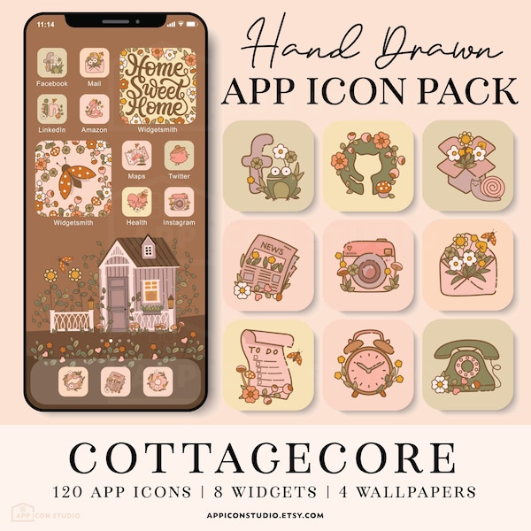Cottagecore Aesthetic App Icons | Hand Drawn iPhone Home Screen Pack with Widgets & Wallpapers, iOS 26 Phone Customization Bundle, 210405