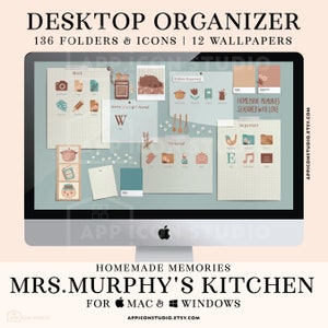 K&ouml;nnte beinhalten: Ein Computermonitor, der einen Desktop-Organizer mit dem Text "DESKTOP ORGANIZER" und "MRS. MURPHY'S KITCHEN" anzeigt. Der Bildschirm zeigt Symbole, Ordner und Hintergrundbilder mit einem K&uuml;chenthema. Die Farbpalette umfasst Beige, Braun und Teal.