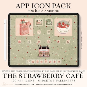 May include: A digital illustration of a strawberry themed app icon pack for iOS and Android. The image shows a tablet screen with a green background and a variety of icons, including a cookbook, a typewriter, a passport, a bowl of strawberries, and a cafe. The text "THE STRAWBERRY CAFÉ" is displayed at the bottom of the image.