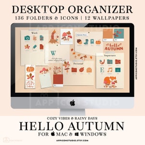 May include: A computer screen displaying a desktop organiser with an autumn theme. The organiser includes 136 folders and icons, and 12 wallpapers. The screen shows a variety of folders and icons with autumn-themed designs, including pumpkins, leaves, and mushrooms. The text "Hello Autumn" is displayed in a large font at the top of the screen.