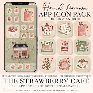 May include: A digital illustration of a phone screen with a collection of 120 hand-drawn app icons in a strawberry theme. The icons are arranged in a grid pattern and feature various designs, including a teapot, a typewriter, a cake, and a passport. The text "The Strawberry Cafe" is displayed at the bottom of the screen.