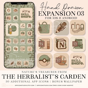 Puede incluir: Un conjunto de 30 iconos de aplicaciones dibujados a mano con un tema inspirado en la naturaleza. Los iconos son de forma cuadrada con un fondo beige y acentos de follaje verde. Los iconos presentan varios nombres de aplicaciones como "Skill Share", "Prime Video", "Ring", "Pandora", "Procreate", "Shazam", "Sephora", "Pokemon Go", "Realter", "Powerpoint", "OneDrive", "Outlook", "Widgetsmith", "Pages", "Onenote", "Office", "Shopee", "Quota", "N", "S", "O", "P", y más. El texto "Nature's Treasures from The Herbalist's Garden" está en la parte inferior de la imagen.