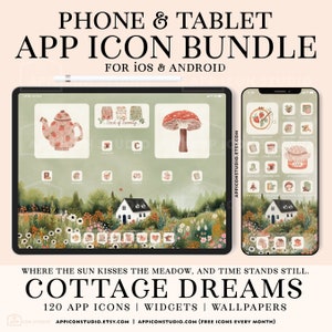 Peut inclure: Une illustration numérique d'un pack d'icônes d'applications sur le thème du cottagecore pour iOS et Android. L'image montre un écran de téléphone et de tablette avec une variété d'icônes d'applications, notamment une théière, un champignon, une maison et une variété de fleurs. Le texte "WHERE THE SUN KISSES THE MEADOW, AND TIME STANDS STILL. COTTAGE DREAMS 120 APP ICONS | WIDGETS | WALLPAPERS APPICONSTUDIO.ETSY.COM | APPICONSTUDIO.COM (FREE ICONS EVERY MONTH)" est affiché en bas de l'image.