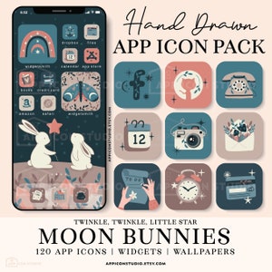 Cute Celestial App Icons iOS 14 Icons iPhone Icons Moon Bunnies iOS 14 Icons Android Icons App Covers Highlight Icons App Icon Pack, 210226