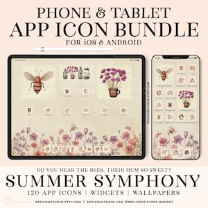 May include: A digital bundle of app icons, widgets, and wallpapers for iOS and Android featuring a Summer Symphony theme. The display shows a tablet and smartphone interface with cream-colored backgrounds, watercolor illustrations of bees, purple flowers, and various app icons.