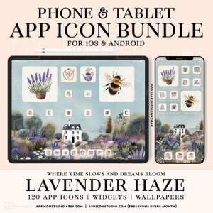 May include: A digital illustration of a phone and tablet screen with a lavender and floral theme. The screens display a collection of 120 app icons, widgets, and wallpapers. The text "Lavender Haze" and "Where time slows and dreams bloom" are displayed on the image.