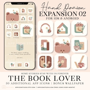 Puede incluir: Un conjunto de 30 iconos de aplicaciones dibujados a mano para iOS y Android. Los iconos están en un esquema de color pastel con diseños florales y con temática de libros. El texto "Hand Drawn Expansion 02" y "The Book Lover" se muestra en la imagen.