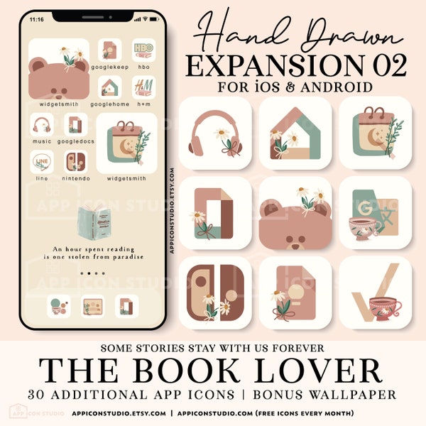 Bookworm App Icons for iOS and Android in Beige Tones Reading Wallpapers and Book Widgets for iPhone App Theme Phone Home Screen, 220318e2