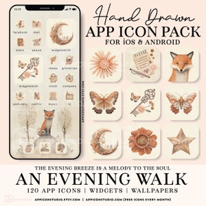 Beige Aesthetic iPhone Icon Set with Flowers and Stars, Boho Themed App Icons, iOS Wallpapers and Widgets in Aesthetic Brown Shades, 230801