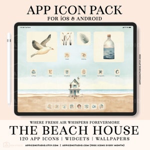 Watercolor Beach App Icon Set for iPad and Android Tablets, Icon Bundle in Beige, Blue and Brown Shades, Summer Widgets Wallpapers, 230704i