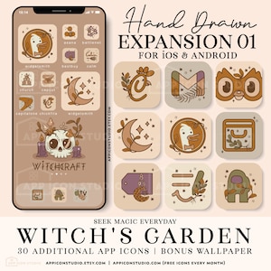May include: A set of 30 hand-drawn app icons with a witchy garden theme. The icons are in a square grid with a brown background and feature various illustrations, including a skull, a crescent moon, a duck, and a cauldron. The text "WITCH'S GARDEN" is at the bottom of the image, along with the text "SEEK MAGIC EVERYDAY".