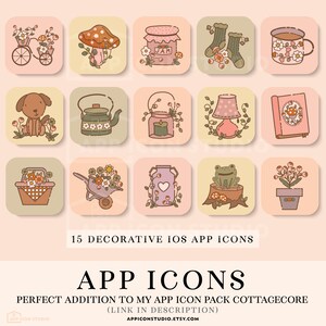 May include: Set of 15 cottagecore-themed app icons featuring illustrations of a bicycle, mushroom, jar of jam, socks, coffee cup, dog, teapot, candle, lamp, book, basket, wheelbarrow, milk jug, frog, and potted plant.