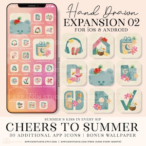 May include: A set of 30 hand-drawn app icons with a summer theme. The icons feature tropical flowers, palm trees, and other summery elements. The icons are designed for iOS and Android devices. The text "SUMMER'S KISS IN EVERY SIP CHEERS TO SUMMER" is at the bottom of the image.