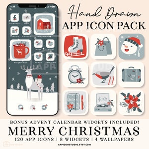 May include: A set of 120 hand-drawn Christmas app icons, 8 widgets, and 4 wallpapers. The icons feature a variety of festive themes, including reindeer, snowmen, presents, and Christmas trees. The icons are designed in a minimalist style with a gray and red color scheme. The text "BONUS ADVENT CALENDAR WIDGETS INCLUDED! MERRY CHRISTMAS 120 APP ICONS | 8 WIDGETS | 4 WALLPAPERS APPICONSTUDIO.ETSY.COM" is displayed at the bottom of the image.