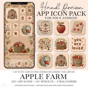 May include: A digital phone screen mockup with a hand-drawn app icon pack for iOS and Android. The icons feature a fall theme with apples, a teapot, a sweater, a cat, and a basket of apples. The text "Hand Drawn App Icon Pack for iOS & Android" is at the top of the screen. The text "Let's get lost & find ourselves amidst the apples Apple Farm 120+ App Icons | 50+ Widgets | 6 Wallpapers" is at the bottom of the screen.