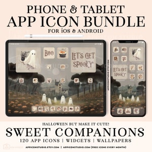 Halloween Aesthetic iPhone and iPad Icon Set Fall Widgets and Autumn Wallpapers, Cute iOS App Icons, Ghosts, Beige and Gray Shades, 231003b