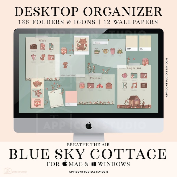 Desktop Folder Icons Mac Wallpaper Cottagecore Organizer PC Desktop Icons Computer Custom Aesthetic Hand Drawn iMac MacBook Windows, 220413c