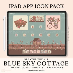 May include: A digital illustration of an iPad screen displaying a blue and green themed app icon pack. The pack features 120 app icons, widgets, and wallpapers with a cottage and floral theme. The text "Breathe the Air Blue Sky Cottage" is displayed at the bottom of the screen.