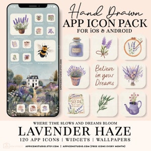 Op de afbeelding: Een digitaal telefoonscherm met een verzameling van 120 handgetekende app-pictogrammen met een lavendelthema. De pictogrammen bevatten illustraties van lavendelbloemen, een bij, een huis, een parfumfles, een potplant, een borduurring, een zaadzakje en een theepot. De tekst "Lavender Haze" wordt onderaan het scherm weergegeven.