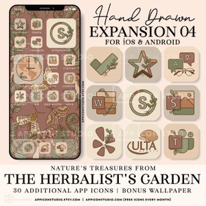 May include: A set of 30 hand-drawn app icons with a nature theme. The icons are in a square shape with a brown background and green leaves. The icons feature various app logos, including Instagram, Ulta, and Word. The text "Nature's Treasures from The Herbalist's Garden" is at the bottom of the image.