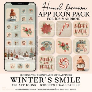 Iconos de aplicaciones, widgets y fondos de pantalla invernales con temática navideña festiva, ardillas nevadas y adorables. Personalización para iOS y Android. 231128