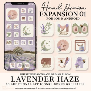 Lila App-Icons, iPhone Icon Pack, Lavendel iOS Icon-Thema, Frühlings-Handy-Hintergrundbild, ästhetischer Hintergrund Apple Android Widget, 240305e1