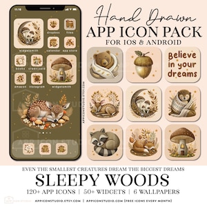 May include: A digital app icon pack with a woodland theme. The icons feature illustrations of a sleeping deer, mushrooms, a bear, and a fox. The text reads "Hand Drawn APP ICON PACK" and "Sleepy Woods".