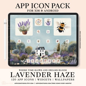May include: A digital illustration of a lavender field with a house in the background. The illustration is used as a background for a set of 120 app icons, widgets, and wallpapers. The text "Lavender Haze" is displayed at the bottom of the image.