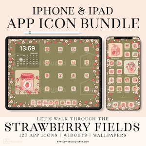 Strawberry Aesthetic App Icon Bundle for iPhone and iPad, Cottagecore Hand Drawn Icon Pack, Summer App Covers, Pink and Green Icons, 210409b