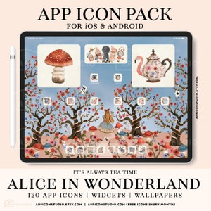 iOS Ikony Alicja w Krainie Czarów iPad Motyw Apple App Icon Pack Estetyczne tapety i widżety, Ręcznie rysowany pakiet ikon aplikacji Tablet, 240402i