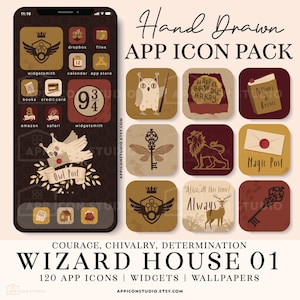 May include: A digital app icon pack featuring hand-drawn illustrations in shades of brown, red, and cream. Icons include an owl, a lion, a stag, keys, a cake with text reading HAPPEE BIRTH DAE HARRY, and a book labelled Potions & Brews.