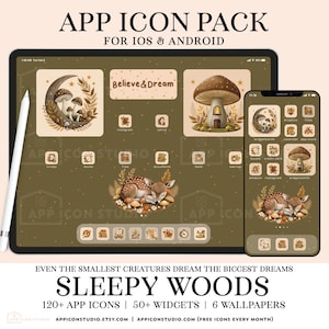 May include: A digital illustration of a sleeping fawn surrounded by mushrooms and leaves. The illustration is used as a design for a set of 120+ app icons, 50+ widgets, and 6 wallpapers for iOS and Android devices. The text "Sleepy Woods" is displayed in a large font at the bottom of the image.