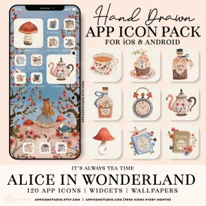 Alice in Wonderland App Icons iPhone Theme iOS Icons Wallpapers and Widgets for iPhone & Android Phone, Icon Pack in Blue and Beige, 240402