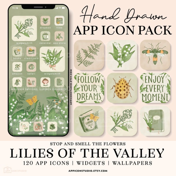 iOS App Icons Green Watercolor iPhone Icons Hand Drawn IOS16 App Icon Bundle iOS14 App Covers Green Theme Spring Aesthetic Flowers, 230324