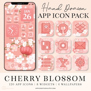 Cherry Blossom Android Icons iOS 14 Aesthetic, Sakura Widgets for iPhone, Pink Spring App Icon Pack for Phone Home Screen Shortcuts, 210301