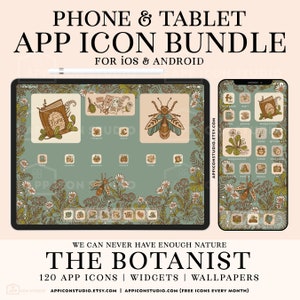 Peut inclure: Un ensemble d'icônes d'applications numériques pour appareils iOS et Android. Le design présente un thème botanique avec des illustrations de fleurs, d'insectes et d'un livre. Le texte indique "Phone & Tablet App Icon Bundle" et "The Botanist".
