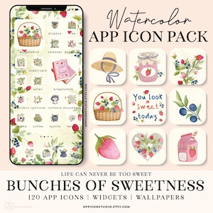 Watercolor App Icons Strawberry iPhone Icons Cute iOS 14 Theme Flower Aesthetic iOS Icon, iOS App Cover, Highlight Icons Watercolor, 230122