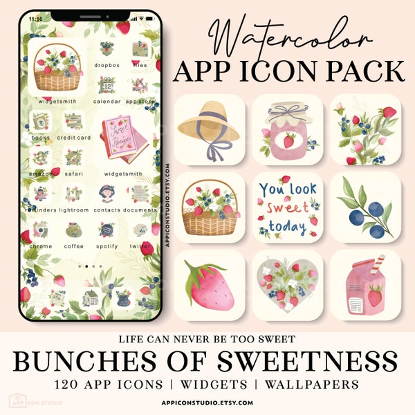 Watercolor App Icons Strawberry iPhone Icons Cute iOS 14 Theme Flower Aesthetic iOS Icon, iOS App Cover, Highlight Icons Watercolor, 230122