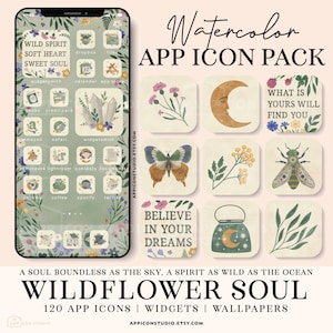Iconos de aplicaciones de acuarela Paquete de iconos de iPhone Tema de iOS Fondo de pantalla de teléfono Android Estética Pantalla de inicio de flores silvestres Fondos verdes y beige, 230101