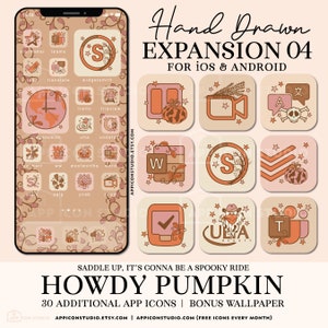 May include: A digital illustration of 30 hand-drawn app icons with a pumpkin theme. The icons are in a grid layout with a peach background and feature various designs, including a pumpkin, a witch's hat, a skull, and a star. The text "Howdy Pumpkin" is at the bottom of the image.