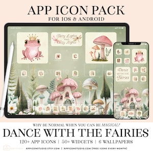 May include: A digital app icon pack for iOS and Android featuring a sage green and pink color palette with illustrations of frogs, mushrooms, and fairy-themed elements. The text reads APP ICON PACK FOR IOS & ANDROID and DANCE WITH THE FAIRIES.